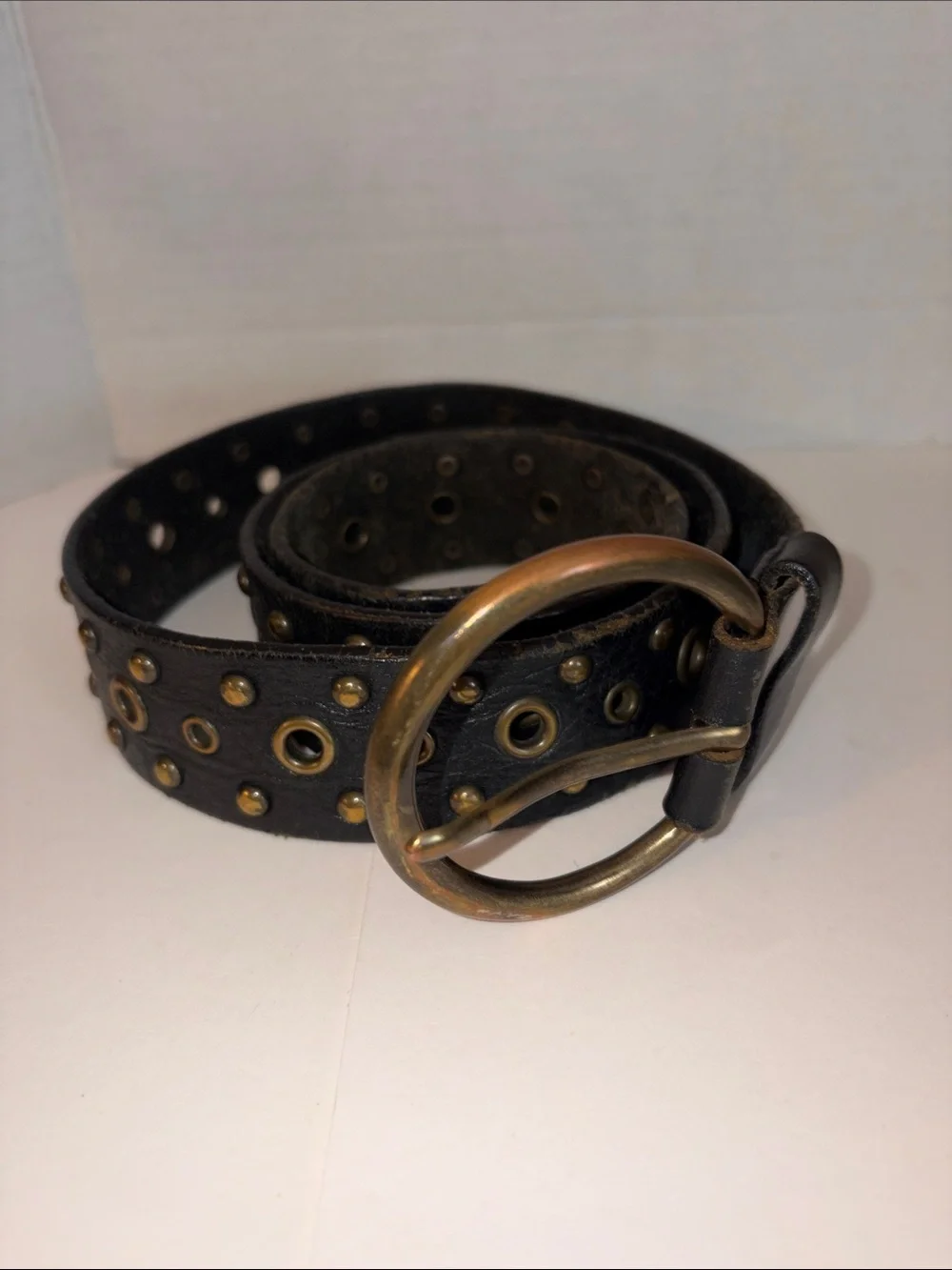 Studded Black Leather Belt with Antique Brass Buckle - for men or women